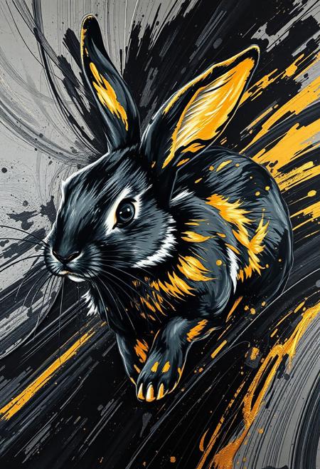 A hyper-stylistic, extremely detailed image depicts a breathtaking painting, crafted from a combination of smeared black and gold metallic paint. A rabbit is captured in a streaked motion, as if it is moving rapidly in one direction. The black paint is applied in bold, dynamic strokes, creating a sense of energy and movement that is contrasted beautifully by the golden accents. The gold paint is used to highlight the rabbit's features, adding a sense of depth and dimensionality to the image. The overall effect is one of breathtaking, surreal dynamism, as if the viewer has captured a fleeting moment in time. Every detail of the image is meticulously crafted, from the delicate, swirling patterns of the gold paint to the intricate, textured patterns of the black paint. The contrasts between light and dark, color and texture, create a sense of tension and energy that draws the viewer in, inviting them to explore the kinetic world of the painting. highest-Quality, intricate details, visually stunning, Masterpiece