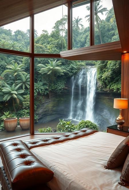 A stunning ultra modern bedroom scene situated  over the top edge of a waterfall in a lush green tropical forest, bedroom is furnished in lush brown leather tones, rich wood, clean modern glass lamps with warm inviting lighting, large windows let in natural light and provide a stunning view of the waterfall cascading down to the valley below