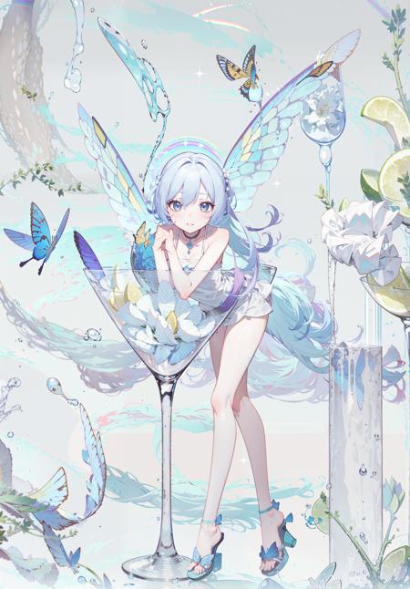 best quality:1.4, very long eyes, big eyes, butterfly wings, rainbow hair, rainbow eyes, butterfly background, <lora:butterflyWings_butterflyWingsV1:0.8>, <lora:ConceptGirlInCocktailGlass_v106:1>, Cocktail Glass, full body, in container, in container,