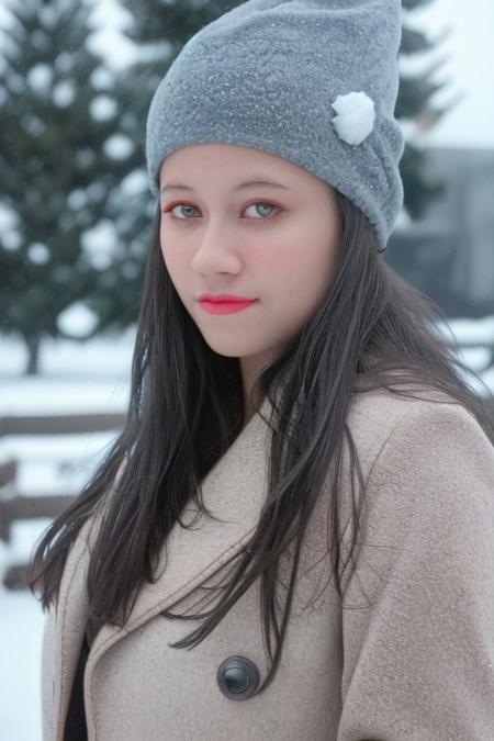 ultra realistic, masterpiece, epic scene, best quality, ultra details, ultra high res, raw photo, intricate details, extremely detailed CG, volumetric lighting, cinematic lighting,
real photo of young girl, long straight hair (public indecency)
(christmas hat),
Snowy Background,
Her makeup is refined, with soft blush tones, bold lashes, and glossy coral lips, exuding elegance and sophistication