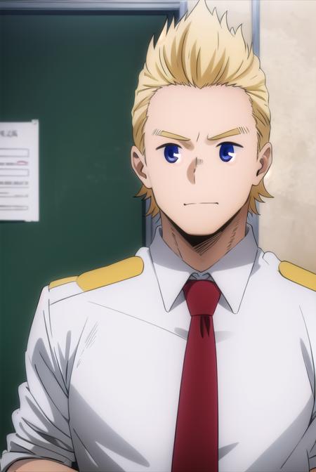 mirio, <lora:mirio-lora-nochekaiser:1>,
mirio, short hair, blonde hair, spiked hair,
BREAK shirt, school uniform, white shirt, necktie, collared shirt, belt, pants, red necktie, green pants, u.a. school uniform,
BREAK looking at viewer, upper body,
BREAK indoors, classroom,
BREAK <lyco:GoodHands-beta2:1>, (masterpiece:1.2), best quality, high resolution, unity 8k wallpaper, (illustration:0.8), (beautiful detailed eyes:1.6), extremely detailed face, perfect lighting, extremely detailed CG, (perfect hands, perfect anatomy),