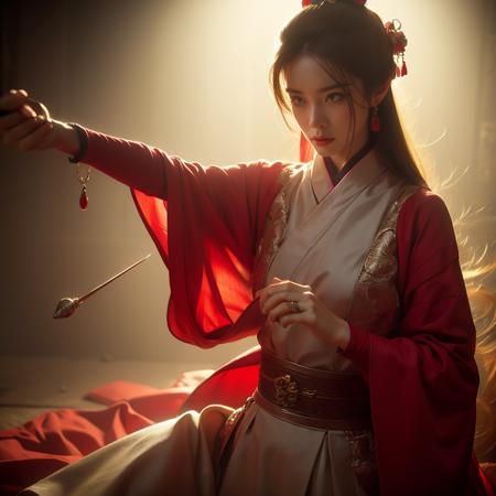 Fighting using a needle and thread <lora:Dongfang_Pubai:0.7> red Hanfu