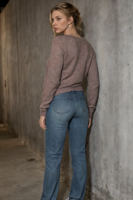 1girl, full body shot, a woman in a tucked-in sweater and tight jeans standing in an empty room, sneakers, simple cement wall in the backdrop, from behind, looking back, detailed face, (photorealistic, absurdres, best quality, masterpiece:1.4), (high detailed skin:1.3)
 <lora:nd82_20s_lora_v01:1> nd82, blue eyes
