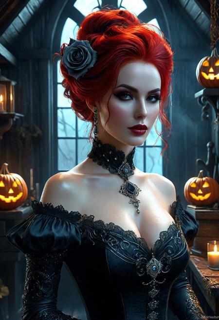 Ultra detailed digital art masterpiece, face portrait, mysterious dark Witch woman, a cute magical creature like a Witch standing in the Shack, realistic black rose, ultra detailed Witch's Mysterious Shack, in year 1880, victorian style, Halloween decorations including pumpkins, rose flower style, white marble, old dark solid wood, victorian decals, perfect lighting, elegant, Tom Bagshaw, Anne Bachelier, unreal engine 5 nanite quality, mixed with dark elements, dark environment, very dark night, clean dark velour witch clothing, dark washed out eyeliner, no make up, natural pale face, nose piercing, abstract, big shiny brown eyes, ultra detailed atmospheric details, beautiful glowing effects, sparkle effects, realistic body proportions, beautiful face proportions, complex masterpiece, wild red hair style, creative glowing detailed tattoos, complex physics, enhanced colors, complimentary colors, ultra detailed raytracing reflections, Ultra detailed complex background, environment feels alive, direct eye contact, dramatic lighting, wet and sweaty skin, beautiful firm Breasts, Concept art portrait by Greg Rutkowski