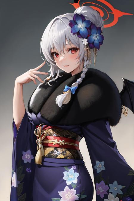 (masterpiece, best quality:1.2), solo, 1girl, harunakimono, smile, looking at viewer, braid, hair bun, hair flower, halo, fur-trimmed kimono, floral print, sash, obi, wings <lora:bluearchive_haruna:1.0>