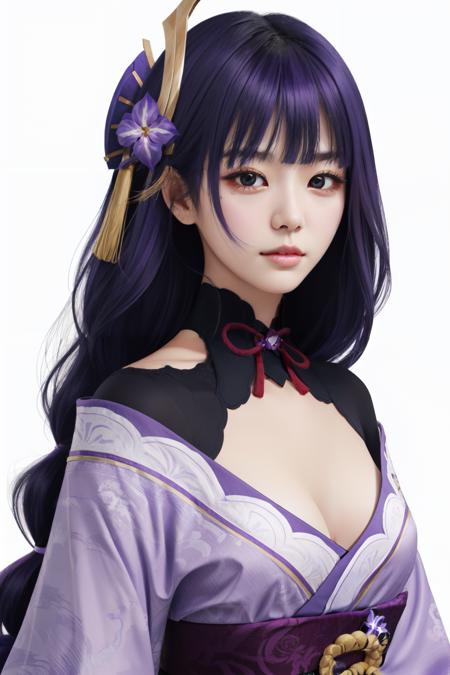 <lora:raiden_shogun:1> raiden shogun, simple background, looking at viewer, long hair, purple hair, ribbon, mole, closed mouth, purple flower, japanese clothes, hair ornament, kimono, flower, white background, solo, purple eyes, cleavage, purple kimono, mole under eye, 1girl, upper body