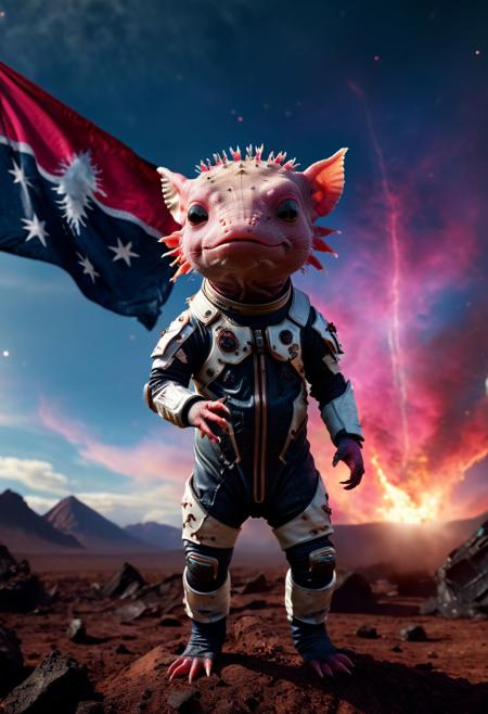 a macro photograph of an enraged axolotl wearing high tech spacesuit, epic sky of nebula and detailed celestial runes, standing in front of a massive tattered flag, accurately calculated shadows, realistic volumetric lighting, perfect materials, highly precise, translucent, transparent, Movie Still, Film Still, Cinematic, Cinematic Shot, Cinematic Lighting