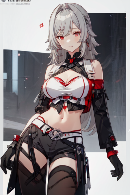 HeliaHonkai, 1girl, breasts, solo, long hair, grey hair, navel, cleavage, pantyhose, crop top, red eyes, midriff, black gloves, large breasts, black shorts, bare shoulders, red gloves, short shorts, hair intakes, asymmetrical gloves, single glove, thighhighs, detached sleeves, shirt, clothing cutout