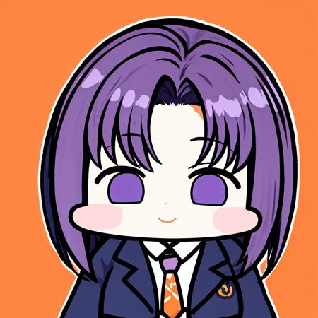 [(white background:1.5)::0.2],(white background:1.2),masterpiece,best quality,violet hair, straight hair,  1girl, light smile, pleated skirt, peaceful, orange background, chibi, <lora:CarolV3.5:0.7:MIDD>,  <lora:JazzJack:1>