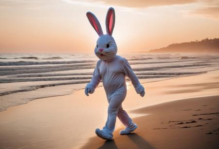 Artistic Lifestyle photography. A man in a full body bunny costume walks along the beach at sunset.