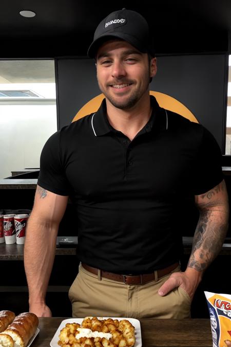 JordanBrandt, wearing (black cap, black polo shirt, khaki pants, belt), looking at camera, behind the counter at a movie theater, grin, hotdogs, popcorn, soda <lora:JordanBrandtLora:1>