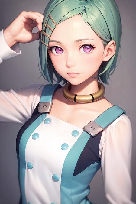 masterpiece, best quality,  <lora:eureka:1>,1girl, solo, short hair, hair ornament,little smile, purple eyes, hairclip,grey background,, aqua hair, looking at viewer, blush, closed mouth, collarbone, collar, buttons, blue hair, dress, pink eyes, green hair, shirt, forehead,  alternate hairstyle,