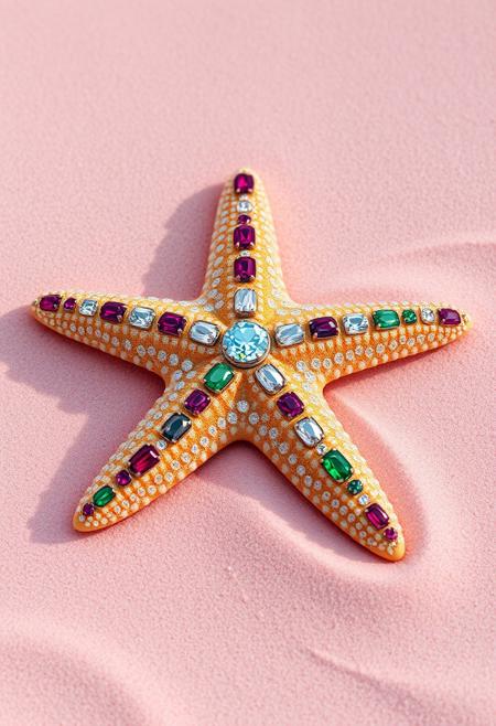 "Create a hyper-realistic image of a starfish adorned with beautiful gemstones, its delicate arms and body intricately detailed. The starfish is covered in a variety of gemstones, including rubies, emeralds, and diamonds, which sparkle and shine in the light. The starfish is laying on a perfect pile of pink sand, which is smooth and untouched. The sand is rendered in exquisite detail, with every grain and texture visible. The overall effect is one of serene, underwater beauty, as if the starfish is a treasure from the ocean floor." Highest-Quality, 8 k, intricate details, visually stunning, Masterpiece