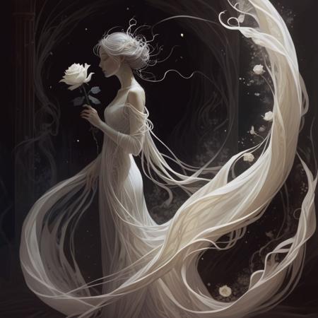 concept art  centered in the frame, The image depicts a delicate and ethereal scene featuring a woman holding a white rose. She is dressed in a flowing, translucent gown that blends seamlessly with the swirling, liquid-like patterns around her. The woman's hair is intricately styled, with tendrils of liquid extending outward, creating a sense of movement and fluidity. The background is dark, which contrasts with the luminous, almost ghostly appearance of the woman and the rose. The overall composition evokes a dreamlike, mystical atmosphere, with the woman appearing to be in a state of serene contemplation or perhaps a dream state. . digital artwork, illustrative, painterly, matte painting, highly detailed