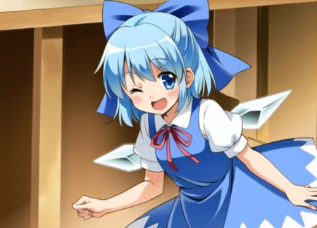 <lora:tomoki:0.6>, gamecg, 1girl, solo, blue hair, one eye closed, blue eyes, cirno, bow, hair bow, open mouth, smile, short hair, dress, ribbon, blue bow, blush, blue dress