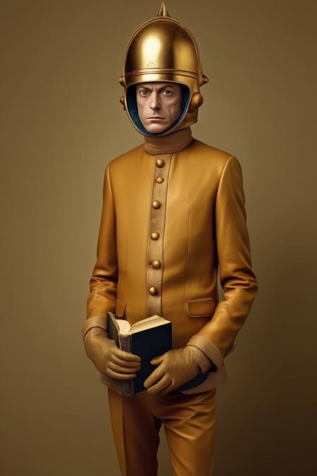 <lora:Sacha Goldberger Style:1>Sacha Goldberger Style - High resolution full length photographic portrait of a man dressed in the fashion of 21st century, elegance according to brands such as Loui Vouttin, Hermes or the most avant-garde Zara for men.He is wearing a ruff. He wears a golden helmet, shiny, on his head but dented. He looks melancholy at the camera while with one hand he holds a book that has light. Behind him are strange creatures all around him