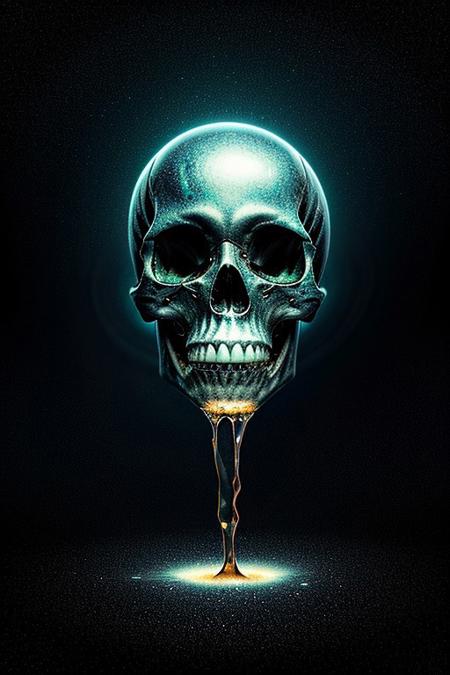A close-up photorealistic image of a crystallic floating skull facing the viewer with its mouth open, pouring from it's mouth a shimmering liquid resembling the universe onto the ground, filled with rich stars and swirling galaxies. A simple void background enhances the dark atmosphere, shrouded in fog, capturing the hypnotic flow and shimmer of the cosmic liquid, side view,