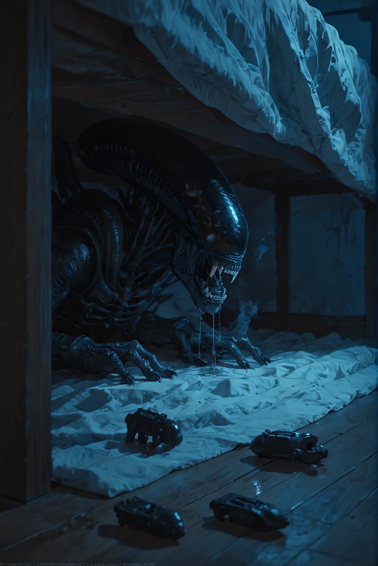 source_anime, rating_safe, night, dark, under bed focus, alien (franchise), xenomorph, teeth, no humans,  1other, intricately detailed illustration, atmospheric perspective,wet,fangs drooling,metal reflection, rag toys,
<lora:sdxl_lightning_8step_lora:1>
<lora:xenomorph_pdxl:0.75>
<lora:Under_The_Bed:0.7>
<lora:P0p4rtXLP:0.7> p0p4rt ,
score_9, score_8_up, score_7_up,score_6_up,dark blue theme,
masterpiece, best Quality,dispersion effect,steam,
depth of field, realistic shading, horror (theme),