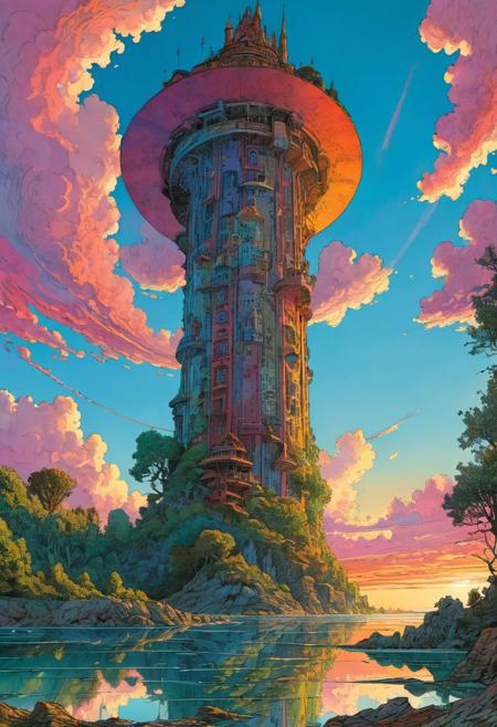 Art by Jean Giraud, Moebius, dawn, clouds, sunrise, looking up at a colorful sci-fi wizard tower, view from below, surrounded by nature and water, UHD, 8K, masterpiece, detailed, detailxl