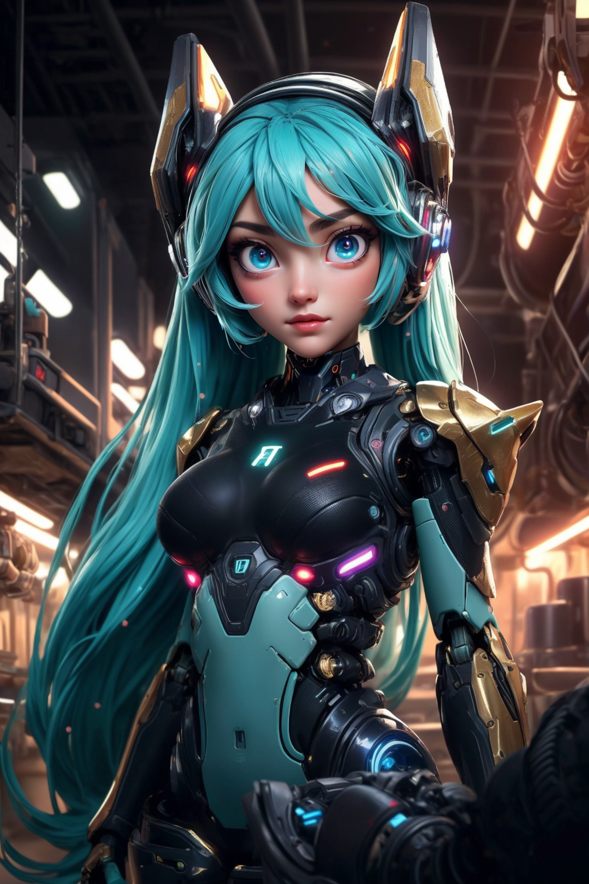 Digital Art Anime Character with Blue Eyes, Gold Armor, and Blue Hair.