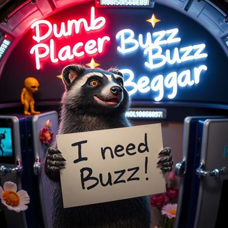 masterpiece, intricate photo, realistic outer space alien animal grinch badger holding a white sign on which is written "I need Buzz!", background interior of a spcecraft, giant alien flowers at the walls, in the background is written in neon letters "Dumb Buzz Beggar", hyper realistic, highly detailed, sharp focus, crepuscular lights in the background, dawn of technology, dark art, gothic art, cyberpunk style, best quality, high resolution, colorful, vibrant colors, studio lighting, high quality image, no wrong proportions, 8K