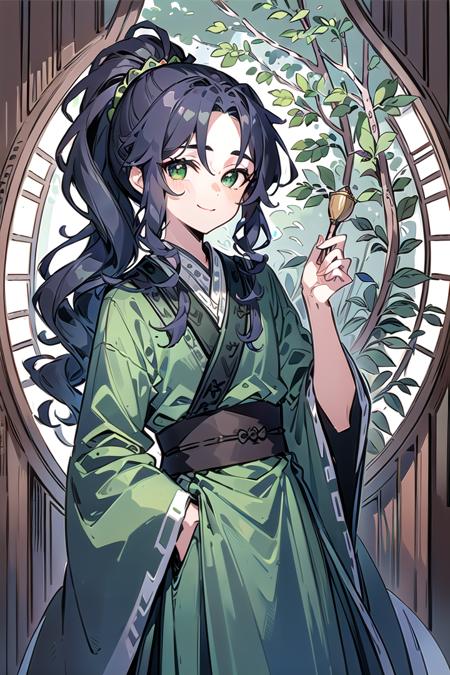 meilan, long hair, curly hair, dark blue hair, ponytail, open forehead, high bangs, green eyes, hanfu, green clothes