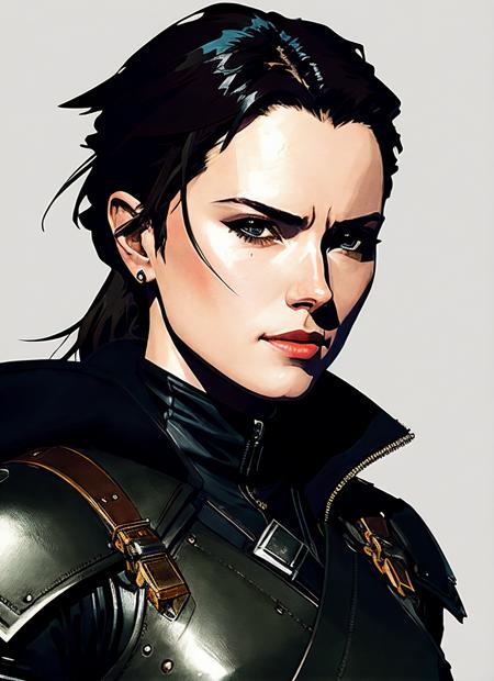 illustration of sks woman as thief in leather armor, smirk, beautiful detailed eyes, cinematic, drawn by Greg Rutkowski, Yoji Shinkawa:0.6, vibrant colors, <lora:locon_daisy_v1_from_v1_64_32:1.3>