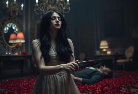 A cinematic medium shot of a woman with long black hair, wearing a beautiful dress and makeup, with red lipstick. She has her eyes closed and is standing in a dimly lit room. The room has a vintage aesthetic, with a chandelier, a mirror, and a lamp. The floor is covered with red rose petals. There is a man lying on the floor, his body covered in rose petals. The woman holds a bloody knife in her hand. The background is blurred. The overall scene is dark and scary.
