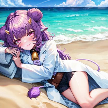 sfw, (masterpiece), (best quality:1.0), (ultra highres:1.0), detailed eyes, good lighting, good hands, perfect hands BREAK
muyu, 1girl, solo, very long hair, purple hair, double bun, animal ears, horns. pink eyes, cow tail, small breasts, neck bell, labcoat, black skirt, white shirt, frills, open clothes, belt, full body BREAK
lying on a sunny beach, smiling, blush, ocean, seagulls, fluffy clouds <lora:Muyu-04:0.7>