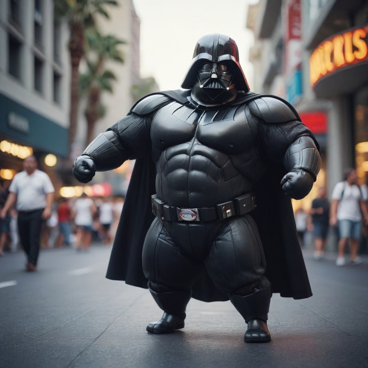 A man dressed in a Darth Vader costume on a crowded street.