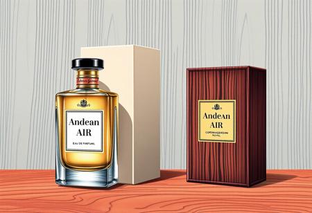 A hyper-detailed illustrator Perfume product poster design, eye-catching, elegant Bottle and Box, Name:" Andean Air", Brand: "COPENHAGEN ROYAL", "300 year Professional", " Eau De Perfume".
Apply 60-30-10 rule: 60% primary color: Warm Cream, Soft Light Wood
30% secondary color: Charcoal Gray, Rich Mahogany
10% accent color: Dusty Coral, Matte Black, Burnt Orange