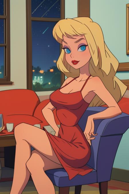 beautiful woman sitting in chair,  crossed legs,  warm smile,  slim,  long hair,  blonde hair,  purple eyes shadow,  blue eyes,  expressive eyes,  red lips,  big breasts,  big buttocks,  ((short red dress)),  (((neckline))),  ((neckline)),  ((in elegant living room)),  (at night), <lora:EMS-56432-EMS:0.700000>