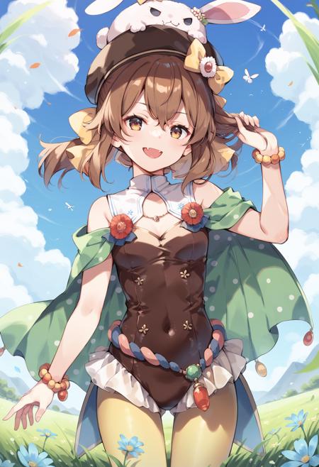 spring delthea hat,hair bow,cape,leotard,bead bracelet,waist rope,pantyhose,rabbit on head,boots