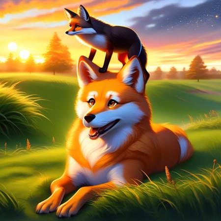 doggybackride, dog, fox, dog laying, sunset, stars, grass, tall grass