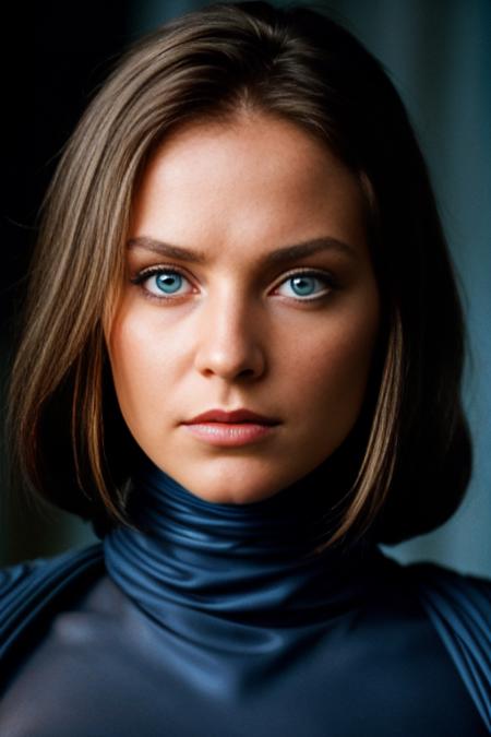 close up portrait photo of a fremen girl from the Dune franchise, in the style of the david lynch movie from 1984, fierce, petite, piercing blue eyes