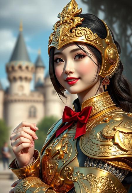 score_9, score_8_up, score_7_up, Anime Style, Cowboy Shot, hello kitty,girl, cute, seductive, innocent, light smile:0.3, plump lips, slender body,red bow, dressing an high detailed medieval gold armor, gold ornate, gold embedded, glossy gold, high detailed chainmail, outdoors, professional photograph, award winning photography, far away castle background, depth of field, dynamic angle, fashion photography, sharp, hyperdetailed:1.15