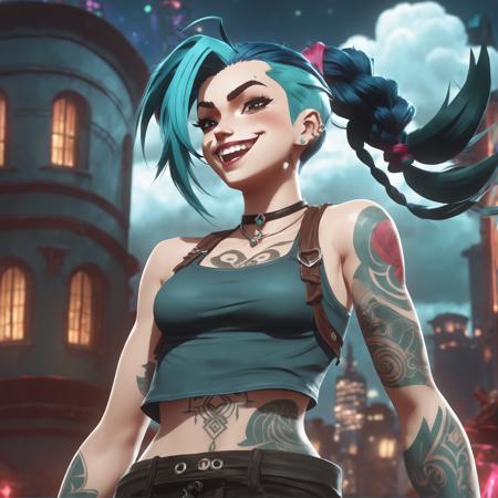 arcane style, 1girl, arm tattoo, asymmetrical bangs, bangs, blue hair, braid, brown shirt, cloud tattoo, looking at viewer, laughing, crazy, uncontrollable laugh, mad look, night, city, green hair, long hair, midriff, pink eyes, red lips, shirt, solo, standing, tattoo, twin braids, upper body, arcane jinx, jinx \(league of legends\) 