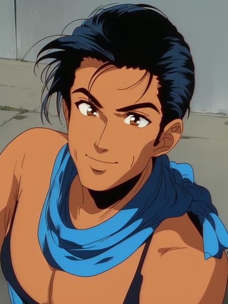 iwasakikeisuke,   iwasakikeisuke, male focus, 1boy, solo, retro artstyle, black hair, 1990s (style), dark skin, smile, dark-skinned male, brown eyes, closed mouth, scarf, 1980s (style)