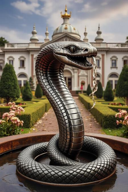 A metal snake fountain in front of a palace, fancy garden, surreal,