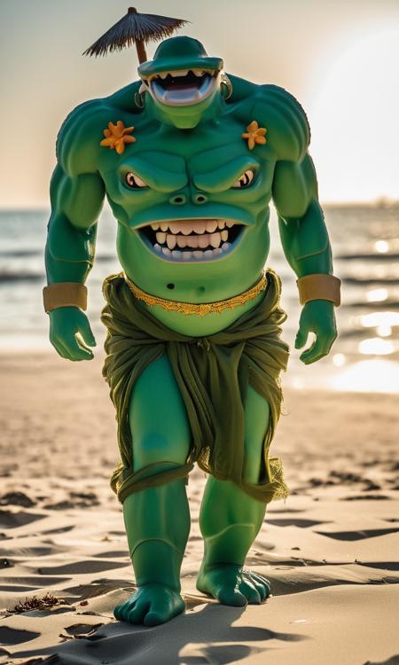 ((masterpiece)),((best quality)),8k,high detailed,ultra-detailed,intricate detail,Photography,headless,bare shoulders,(xingtian),monster boy, xingtian boy enjoys a relaxing day at the beach,(relaxation:1.1),(content expression),(sandy beach with palm trees),(peaceful and sunny),(beach getaway),ISO 400,F2.8 aperture,Shutter speed 1/250,ISO 400,F2.8 aperture,Shutter speed 1/250,<lora:xingtiangui:1>,