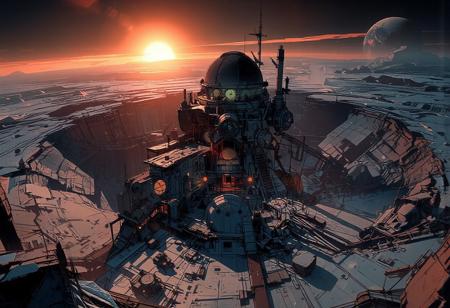 Aerial view from a great height of a massive lunar crater spanning several kilometers. A scientific research station, almost a futuristic city and a mining extraction facility, stands at the heart of this vast lunar basin.
The station’s architecture is sleek and harmonious, composed of glass and steel. A grand building with a colossal astronomical observatory dome towers over numerous other structures, many of which have small domes or cupolas. Multiple platforms host residential and research facilities, with scattered lights, intricate staircases, and antennas spread throughout the area. The crater’s edge is distinctly visible several kilometers away.
In the foreground, additional research domes, pipelines, conduits, and enormous mining machines contribute to the bustling activity across the plain. The sky is intensely illuminated as the sun sets, casting an orange and bluish glow over the frozen city. The air is frigid, with ice crystals drifting in the wind, lifting snow and dust just above the ground. In the vast expanse of space, we are so hight that we see others craters on the horizon. Earth can be seen setting on the horizon.