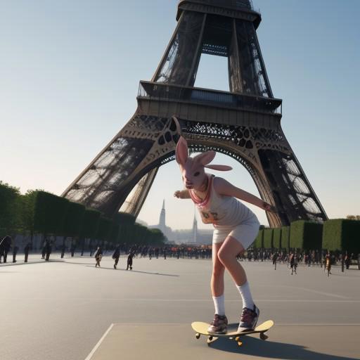 rabbit girl skateboarding in front of eiffel tower