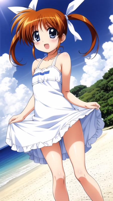 takamachi nanoha, 1girl, twintails, white ribbon, swimsuit, beach, ocean
<lora:nanoha-official-art-ver:0.8>