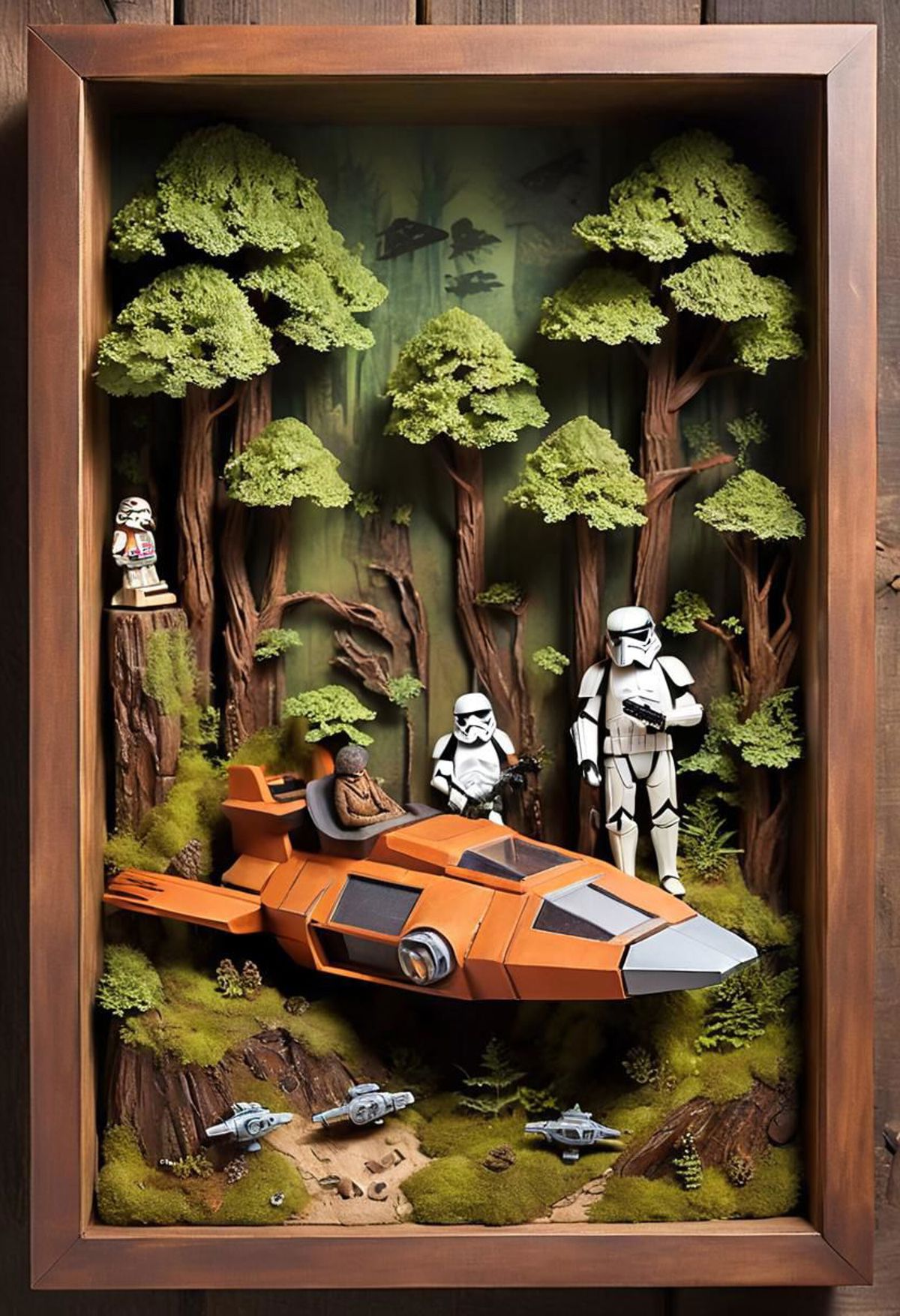Wooden box display with a Star Wars theme featuring a spaceship and action figures.