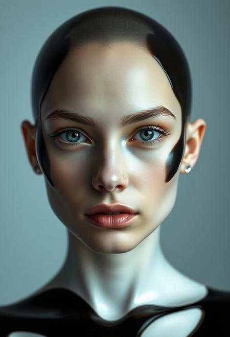 The highest artistic achievement, modern simplicity, futurism, visual impact, stunning image, simple image, coordinated colors, front view, bright lighting, surrealism, fantasy world, fantasy style, artistic close-up of a female supermodel in glossy ceramic material (((no makeup))) (((bald))), deep eyes, perfectly symmetrical beautiful face, pushed out from silky black oil, the black oil on the face creates a contrast with the delicate white ceramic,
