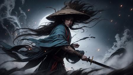 Painting, a Chinese warrior with his holding a sword, swirling cyclone, bamboo hat, super wide-angle lens, colorful arrangements, shige's visual aesthetic style, made of flowers, claire-obscure lighting, dark orange and teal, i can't believe how beautiful this is, in the style of zhang jingna, photomontage, hirohiko araki, oriental, sergio toppi, theatrical, feminine sensibilities
 <lora:bamboo hat_20231205142238-000018:0.8>