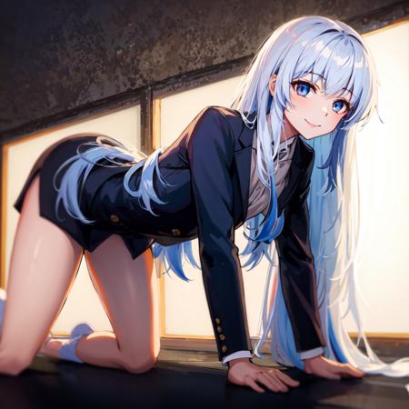 best quality, masterpiece,1girl,white hair, blue streaked hair,light smile, all fours,long hair, suit,