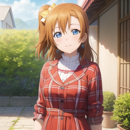 (best quality, masterpiece:1.4), extremely detailed, detailed background, detailed eyes, 1girl, <lora:ponk-08:0.6>, (kousaka honoka, orange hair, blue eyes), outdoor, cowboy shot,