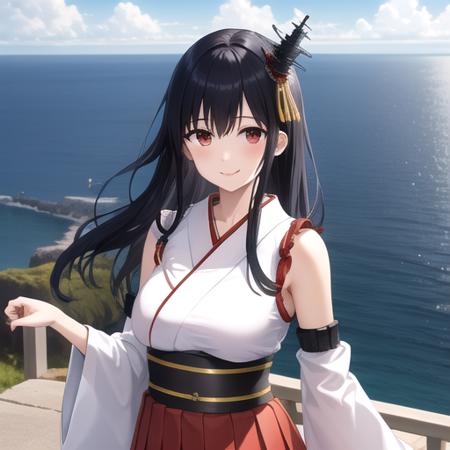 ((masterpiece)),(best quality),official art,extremely detailed CG,unity 8k wallpaper,ultra detailed,A lighthouse on a cliff by the sea,1girl,solo,upper body,(portrait:1.2),detached_sleeves,black_hair,red_eyes,long_hair,japanese_clothes,tabi,nontraditional_miko,wide_sleeves,red_skirt,white_socks,geta,hair_ornament,red_hakama,pleated_skirt,smile,breasts,hakama_short_skirt,hakama_skirt,thigh_strap,<lora:Fusou(kan)>,