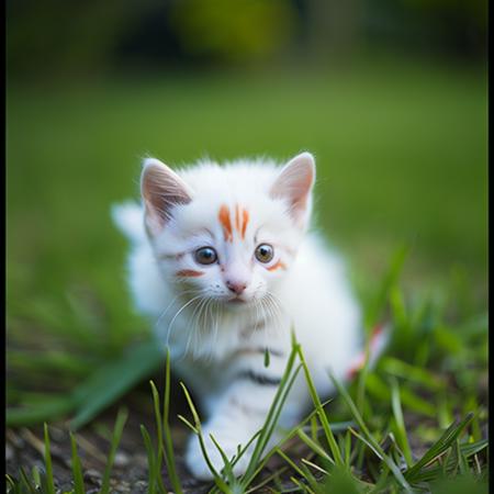 <lyco:Kitty:1.0> white and red little Kitten  in the green grass, realistic, photo